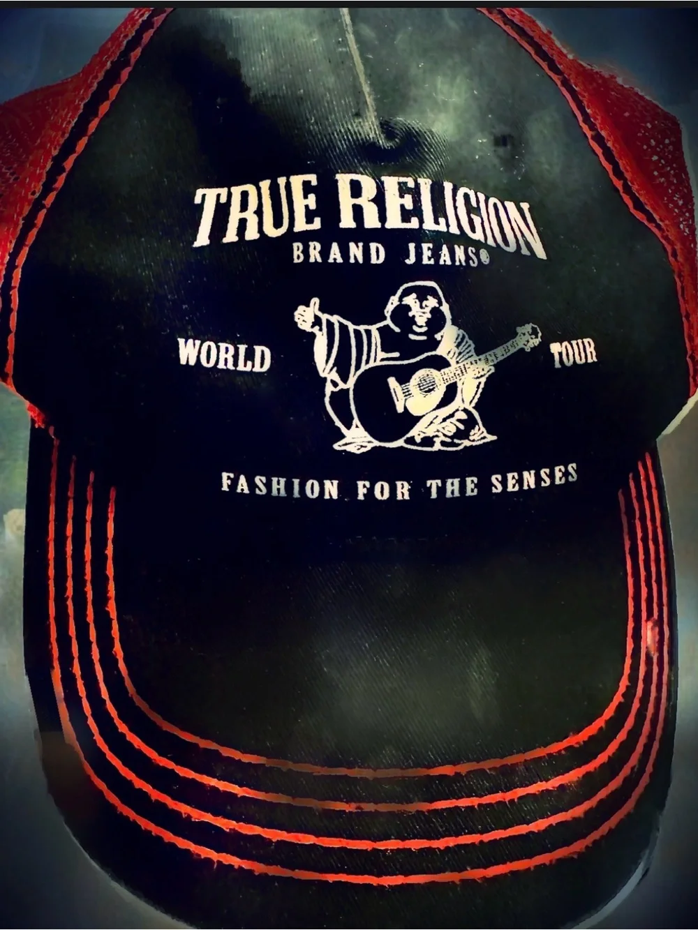 True Religion Buddha Black and Red Embroidered Trucker Cap